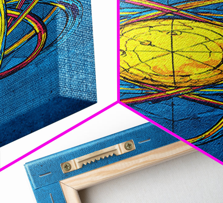 Electric Blue Atom Framed Canvas Print, Midcentury Modern Wall Art, Retro Science Poster, Yellow Orb Decor For Home Office