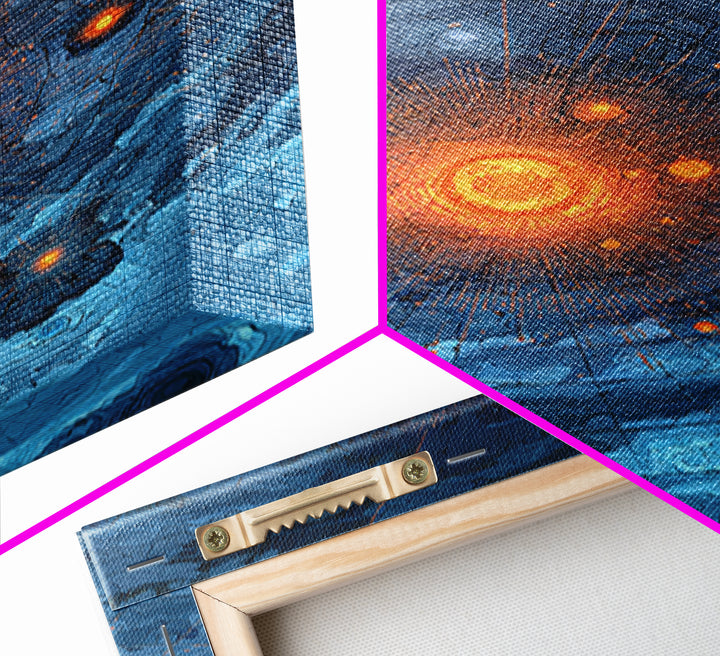 Blue Orange Planetary Orbit Canvas Print, Midcentury Modern Abstract Space Art, Atomic Poster, Geometric Office Decor Gift