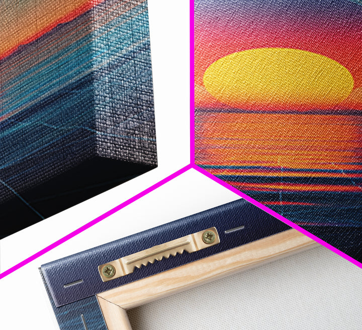 Neon Sunset Over Ocean Grid Wall Art, Synthwave Retro Poster, Vaporwave Modern Wall Decor, 80s Digital Art Print, Futuristic Decor