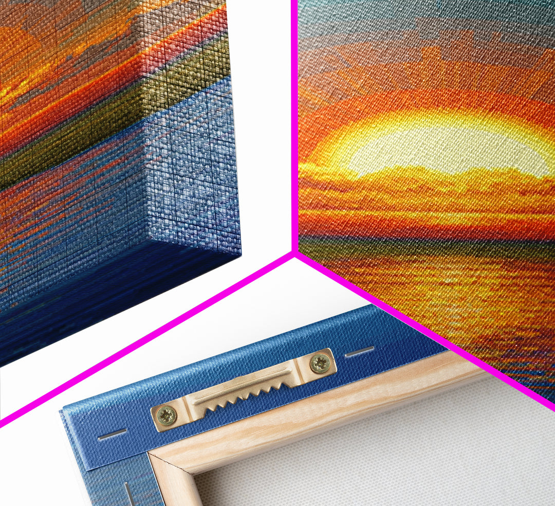 Golden Sunrise Over Calm Water Wall Art, Pixel Style Midcentury Poster, Modern Abstract Landscape, Living Room Decor Print