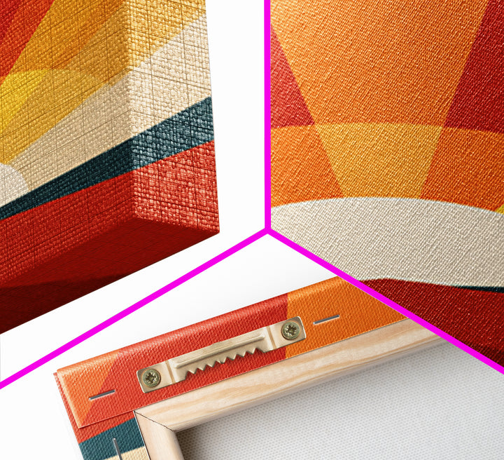 Bold Retro Sunrise Rays Over Ocean Road Canvas Print, 70s Wall Art Poster, Midcentury Modern Decor, Orange Sun Print Gift