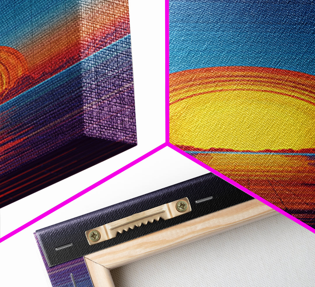 Neon Retro Sunset Over Ocean Grid Wall Art, Synthwave 80s Poster, Vaporwave Decor, Modern Digital Art, Blue Orange Print