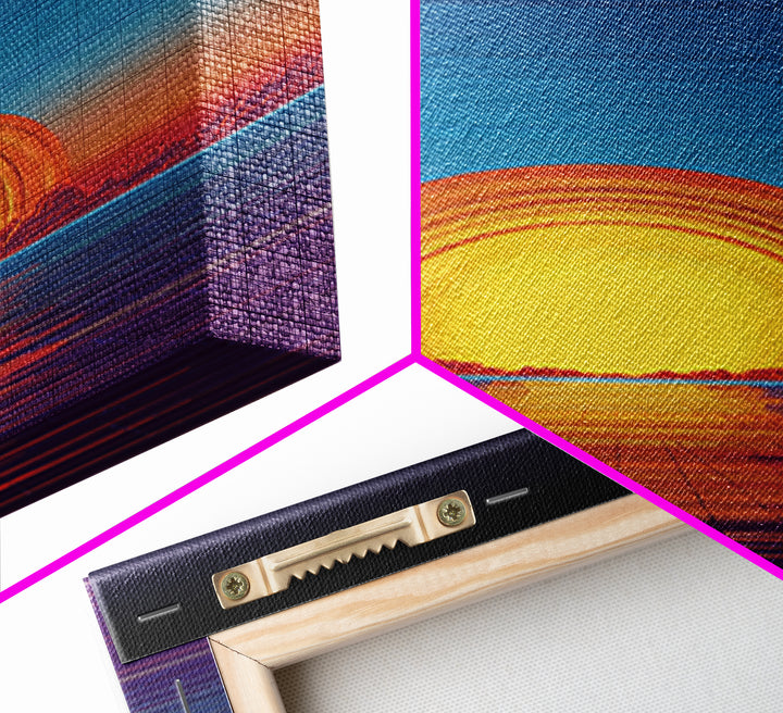 Neon Retro Sunset Over Ocean Grid Wall Art, Synthwave 80s Poster, Vaporwave Decor, Modern Digital Art, Blue Orange Print