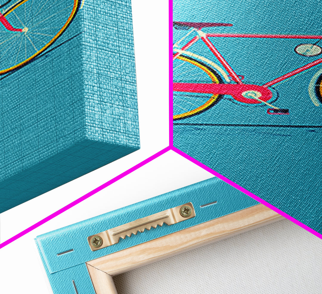 Colorful Pink Bicycle On Teal Canvas Print, Mid Century Modern Art, Retro Cycling Poster, Dopamine Decor, Kids Room Art Gift