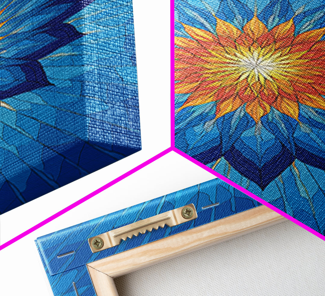 Blue Geometric Lotus Mandala Canvas Print, Abstract Floral Wall Art, Modern Spiritual Poster, Yoga Meditation Decor Gift Idea