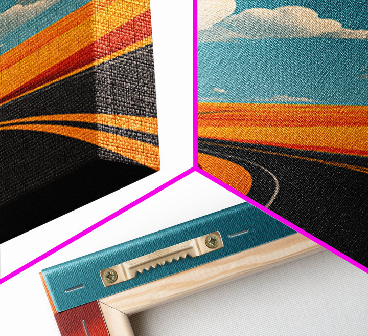 Curving Blacktop Across Orange Desert Canvas Print, Mid Century Modern Wall Art, Retro Road Trip Landscape Poster Home Decor