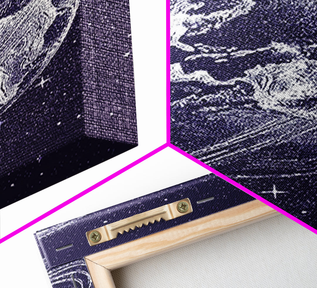 Purple Starry Earth With Saturn Rings Canvas Print, Cosmic Retro Wall Art, Modern Space Poster For Bedroom Decor Gift Print