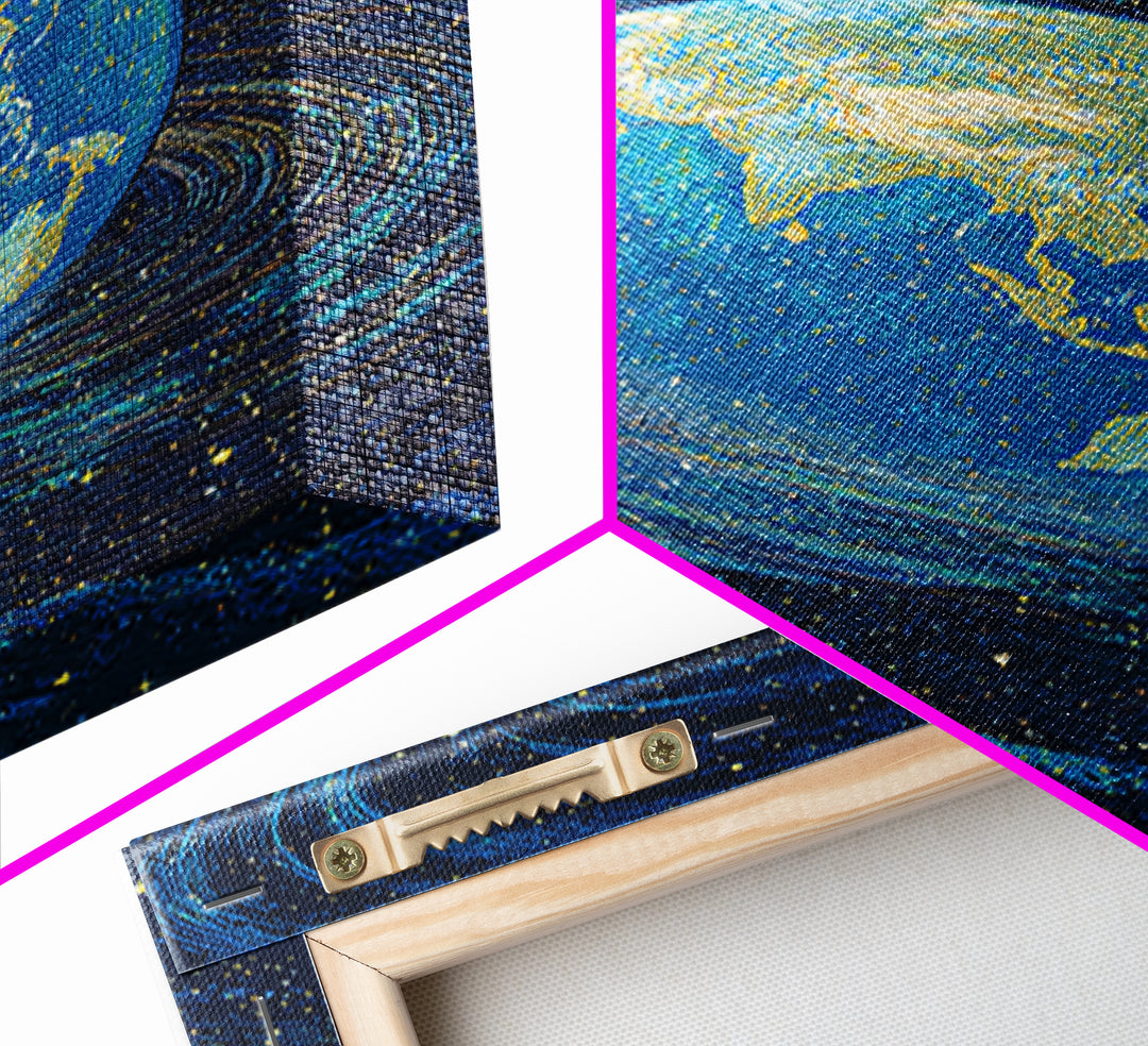 Blue Earth Wrapped In Starry Cosmic Swirls Wall Art, Modern Abstract Art Print, Retro Sci Fi Space Home Decor Poster Gift