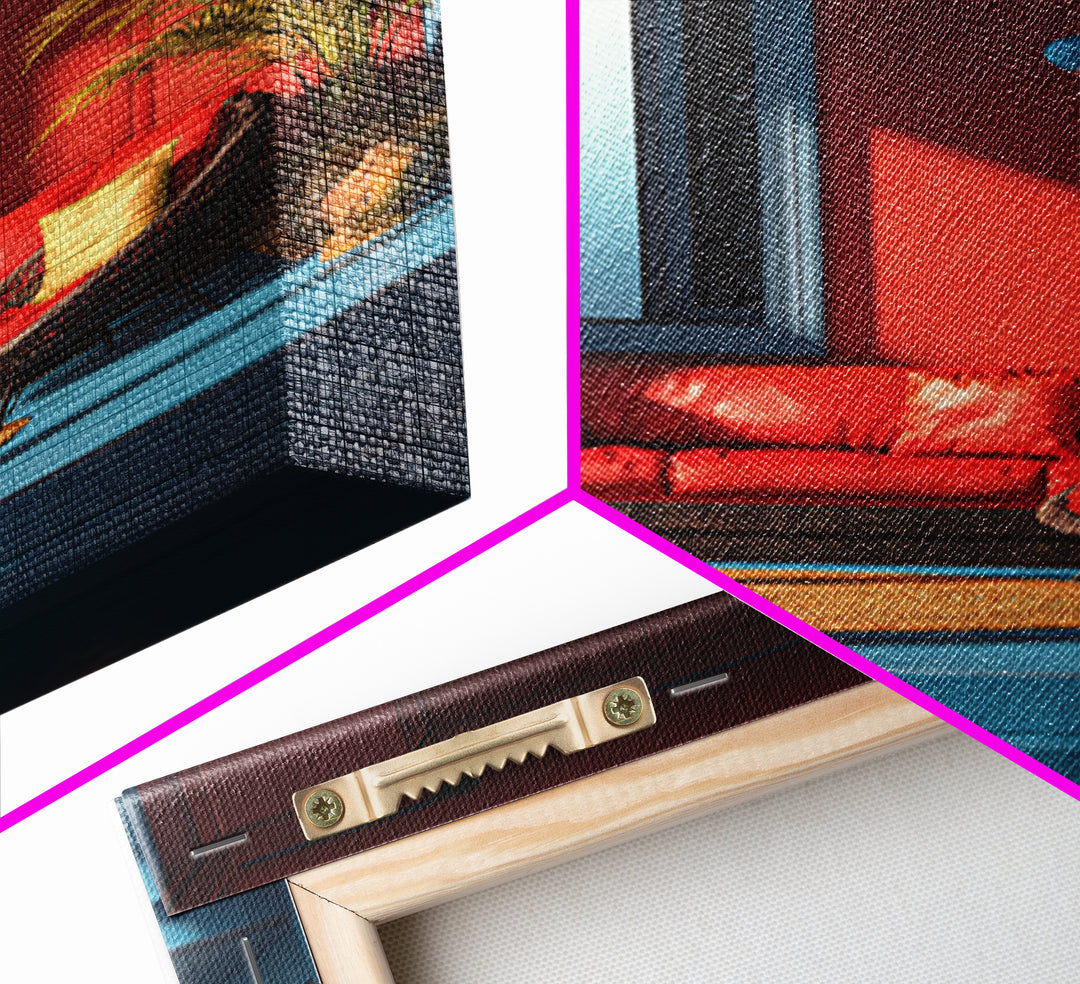Red Sofa Blue Arch Interior Wall Art, Midcentury Modern Decor, Palm Springs Style, Bold Living Room Canvas Print Statement Home Decor