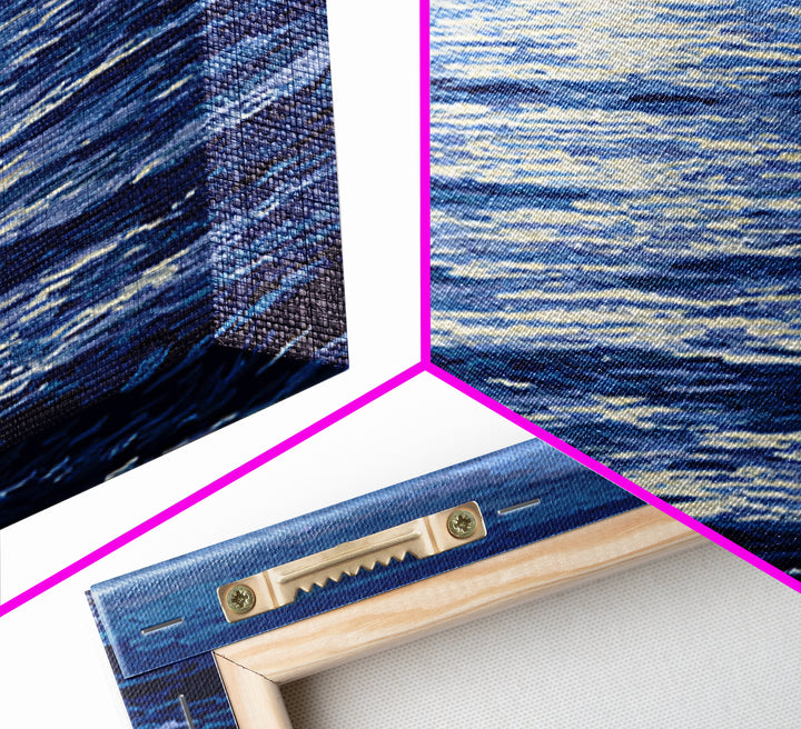 Textured Moonlit Waves Canvas Print, Blue Wall Art, Coastal Seascape Painting, Modern Living Room Decor, Ocean Art Print