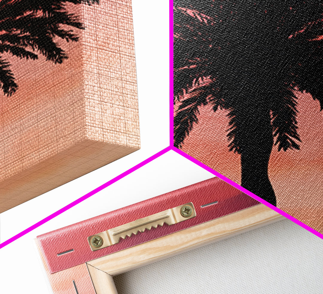 Cloudy Coral Palm Silhouette Sunset Canvas Print, Retro Tropical Wall Decor, Palm Springs Poster, Coastal Bedroom Art Print