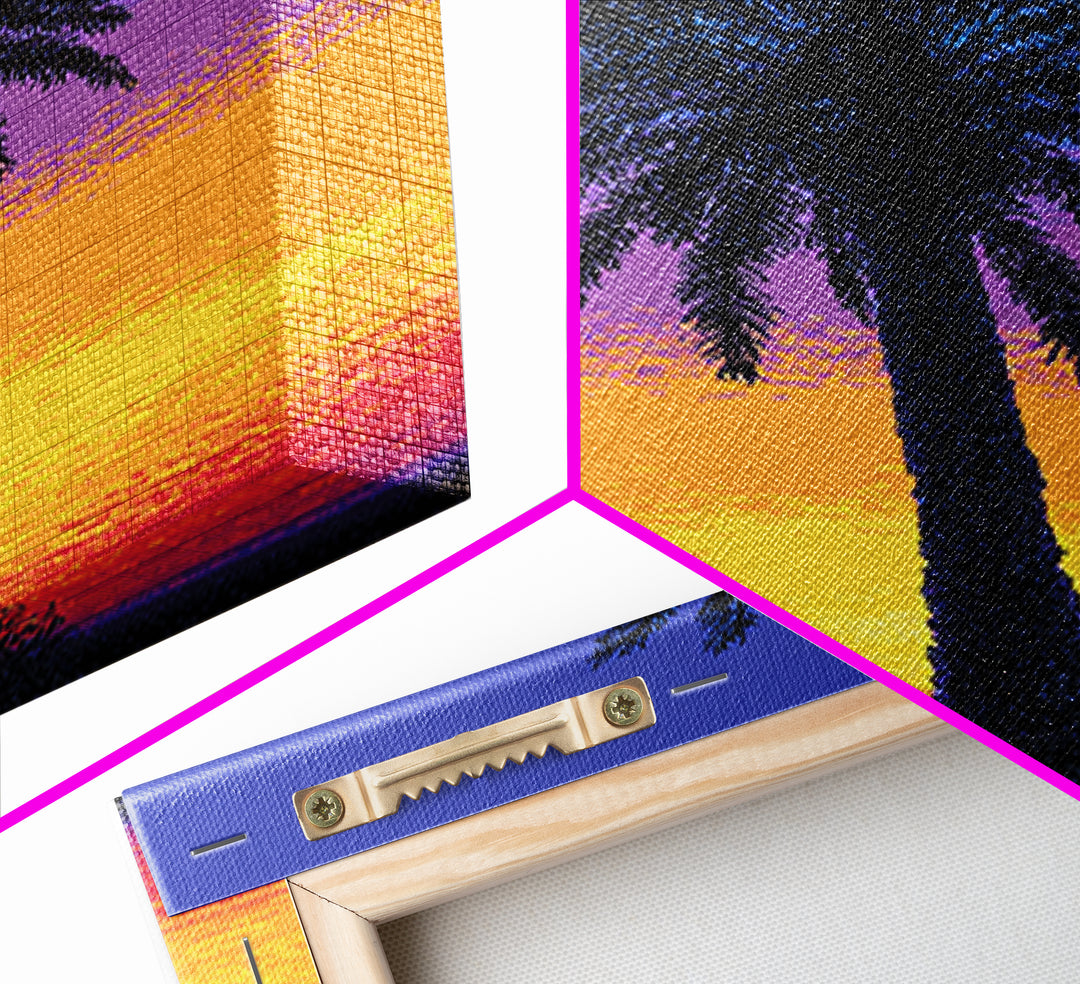 Pixel Palm Tree Against Blue Yellow Sunset Wall Art, Retro Digital Poster, Tropical MCM Wall Decor, Colorful Coastal Print