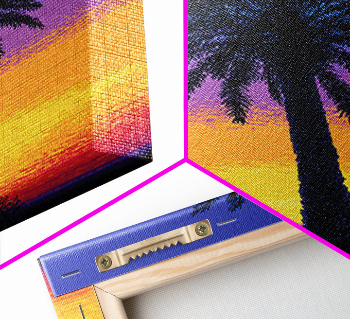 Pixel Palm Tree Against Blue Yellow Sunset Wall Art, Retro Digital Poster, Tropical MCM Wall Decor, Colorful Coastal Print