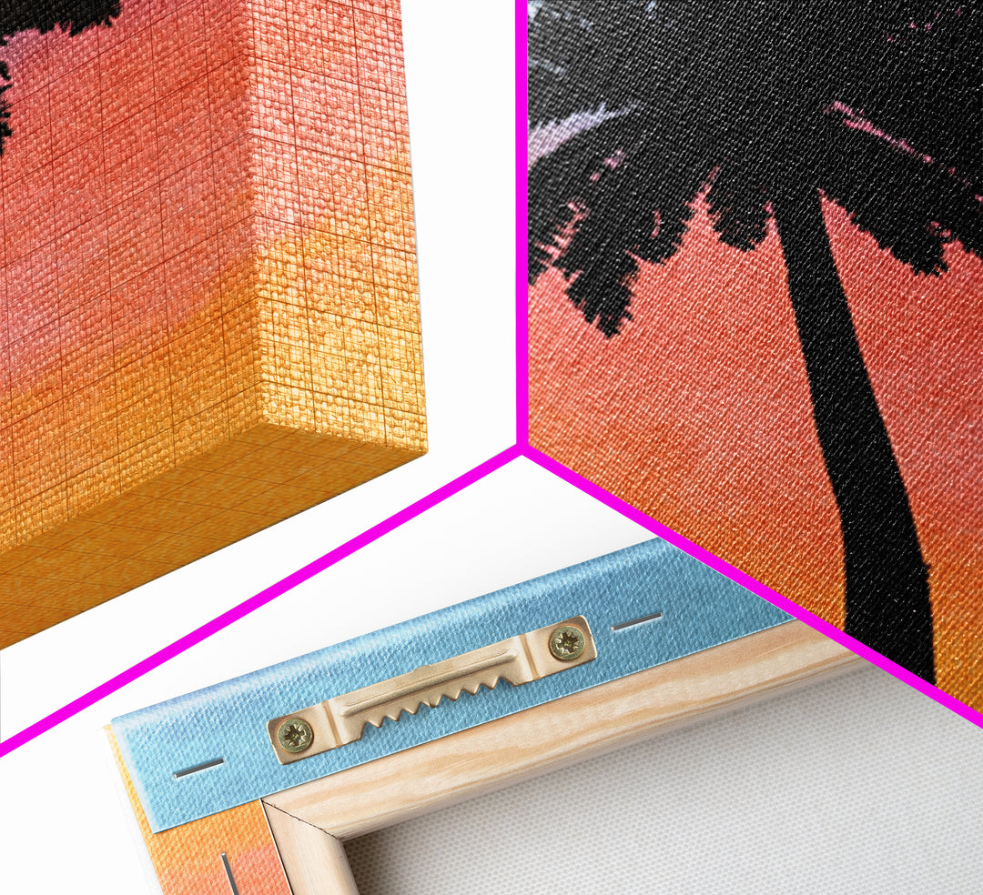 Textured Palm Silhouette With Coral Blue Sky Canvas Print, Retro Tropical Wall Decor, Palm Springs Style, Coastal Art Print