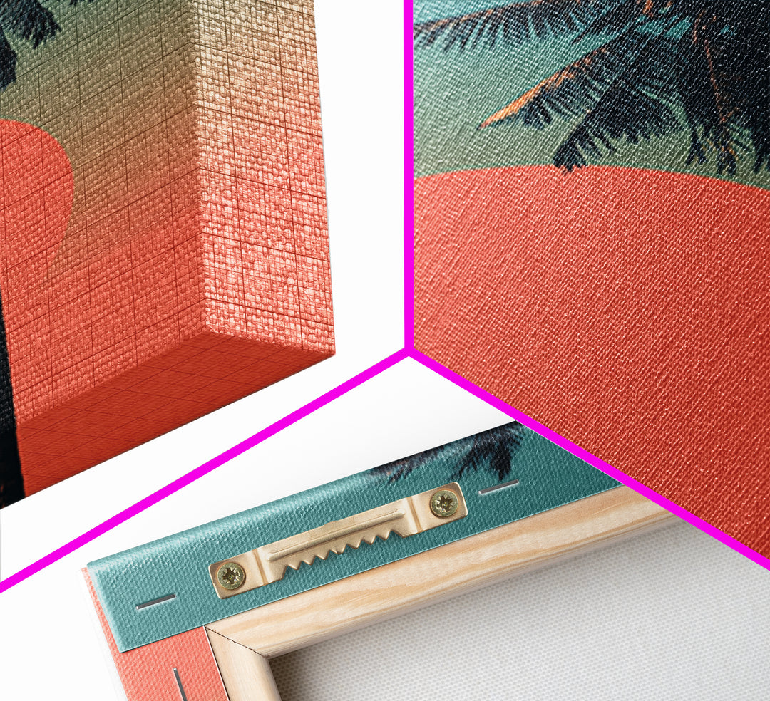 Minimal Palm Tree With Coral Sun Canvas Print, Retro Tropical Poster, Palm Springs Decor, Mid Century Modern Wall Art Print