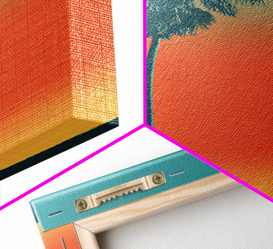 Lone Palm Tree On Orange Teal Horizon Canvas Print, Minimal Retro Tropical Poster, Palm Springs Decor, Coastal Wall Art Print