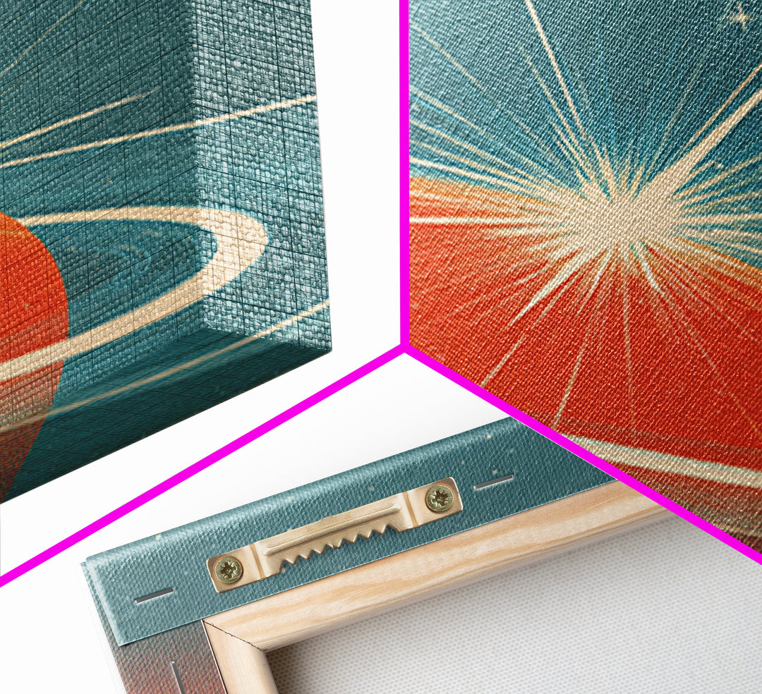 Retro Ringed Planet With Starburst Framed Canvas Print, Mid Century Modern Wall Art, Space Abstract Poster, Sci Fi Decor