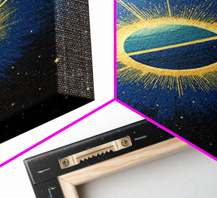 Blue Saturn Eclipse Burst Canvas Print, Retro Sci Fi Space Poster, Modern Wall Art, Midcentury Cosmic Decor, Galaxy Gift