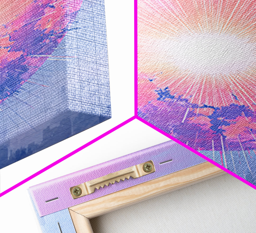 Pink Glowing Planet Over Skyline Wall Art, Pastel Sci Fi Poster, Modern Art Print, Dreamy Space Decor, Retro Galaxy Gift