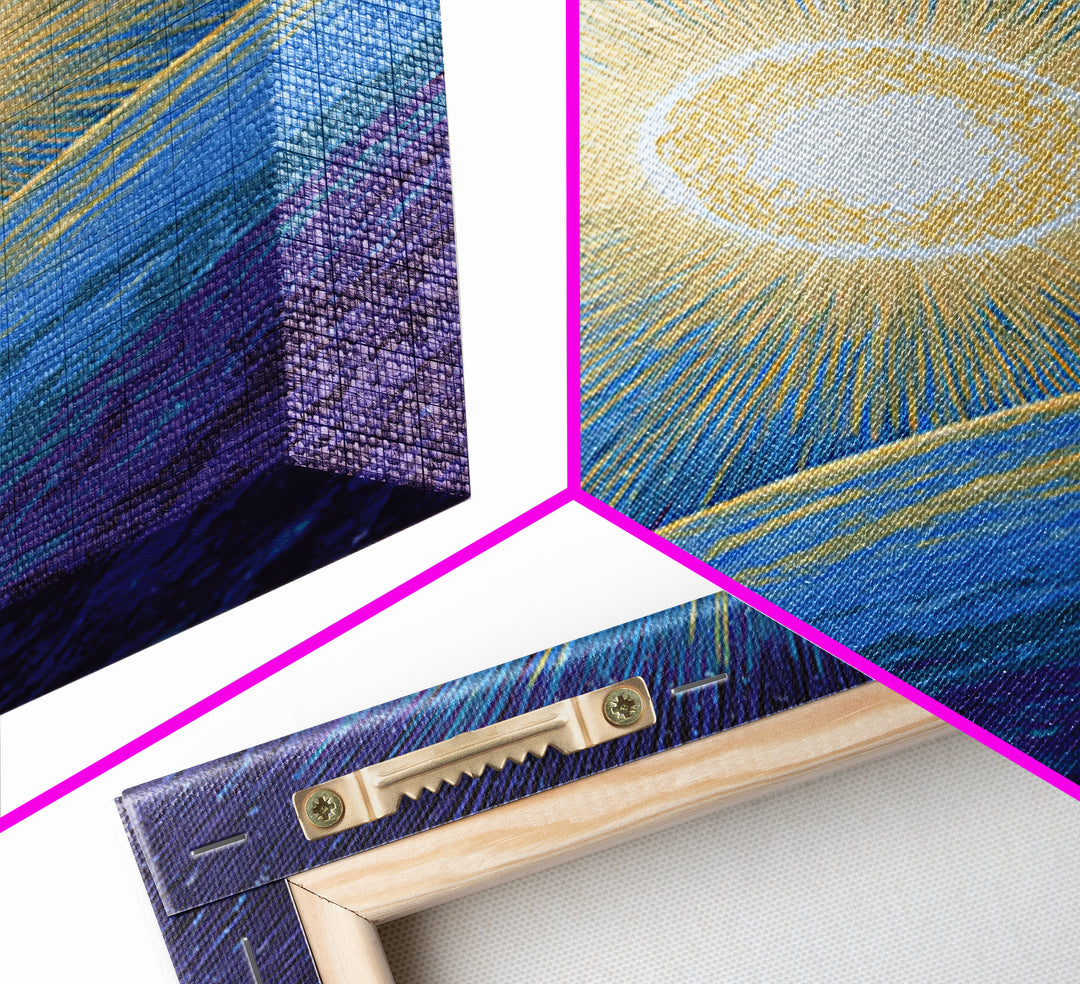 Radiant Sun Above Blue Planet Canvas Print, Retro Sci Fi Space Poster, Modern Wall Art, Midcentury Cosmic Home Decor Gift