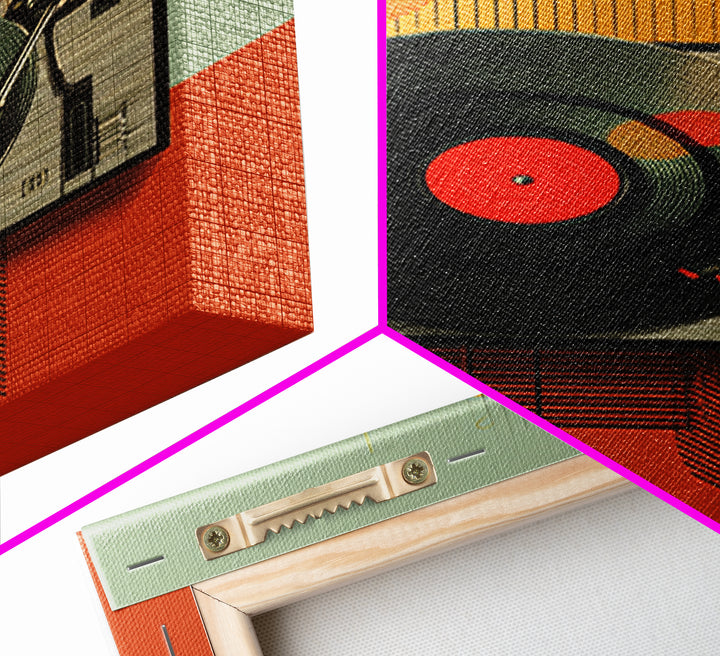 Retro Turntable Sun Shapes Framed Canvas Print, Midcentury Modern Wall Art, Orange Green Music Room Decor Poster For Vinyl Lovers