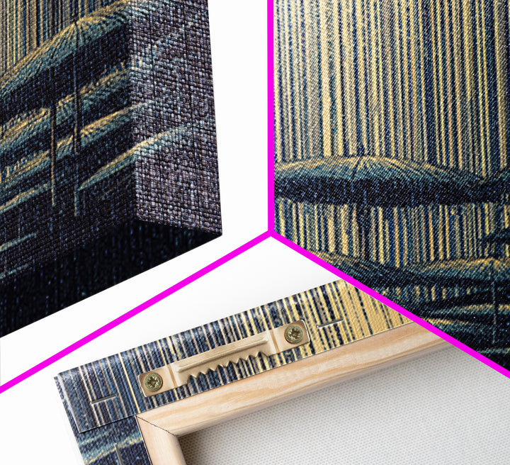 Blue Rainy Umbrella Moonlight Wall Art, Midcentury Modern Art Print, Japanese Poster Style, Retro Scenic Home Decor Gift