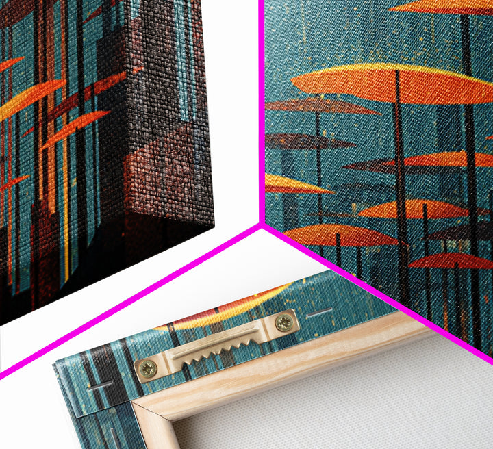 Rainy Teal Forest With Orange Umbrella Mushrooms Wall Art, Midcentury Modern Art Print, Retro Mcm Decor, Surreal Nature Poster