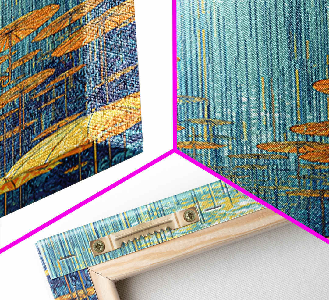 Golden Parasol Mushrooms In Blue Rain Canvas Print, Midcentury Modern Wall Art, Retro Botanical Decor, Colorful Nature Poster