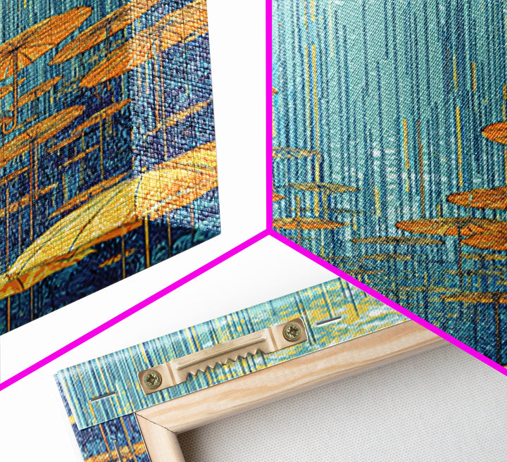 Golden Parasol Mushrooms In Blue Rain Canvas Print, Midcentury Modern Wall Art, Retro Botanical Decor, Colorful Nature Poster
