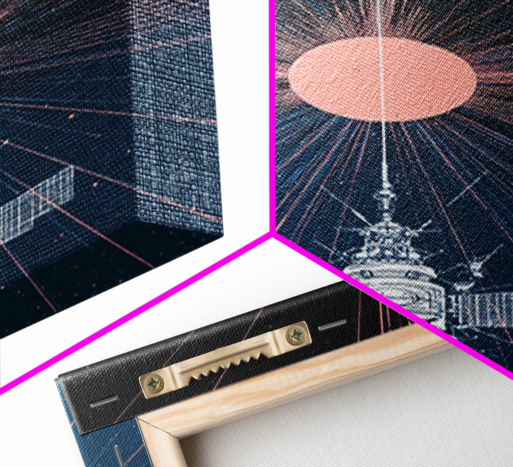 Satellite Under Pink Cosmic Sun Wall Art, Midcentury Modern Sci Fi Poster, Space Abstract Art, Retro Futurism Decor Print