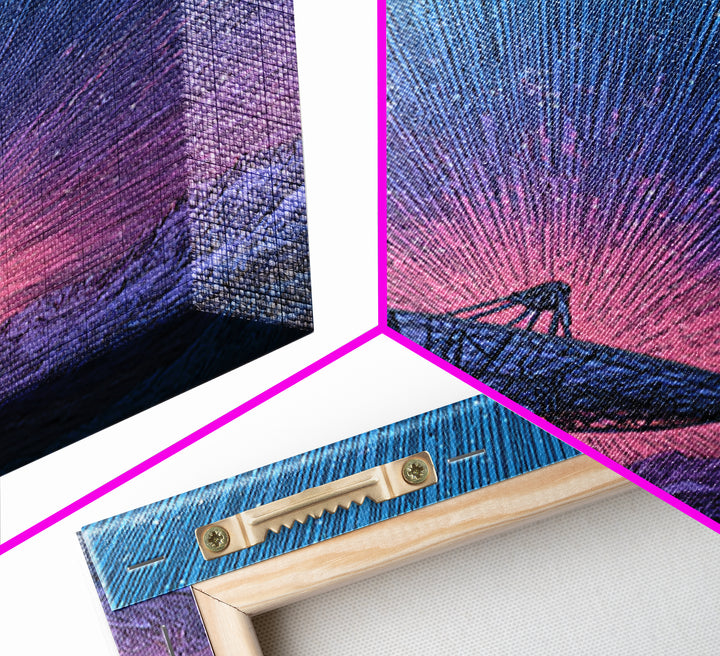Mountain Satellite Dish With Pink Data Beams Wall Art, Midcentury Modern Sci Fi Poster, Space Abstract Art, Retro Decor Print