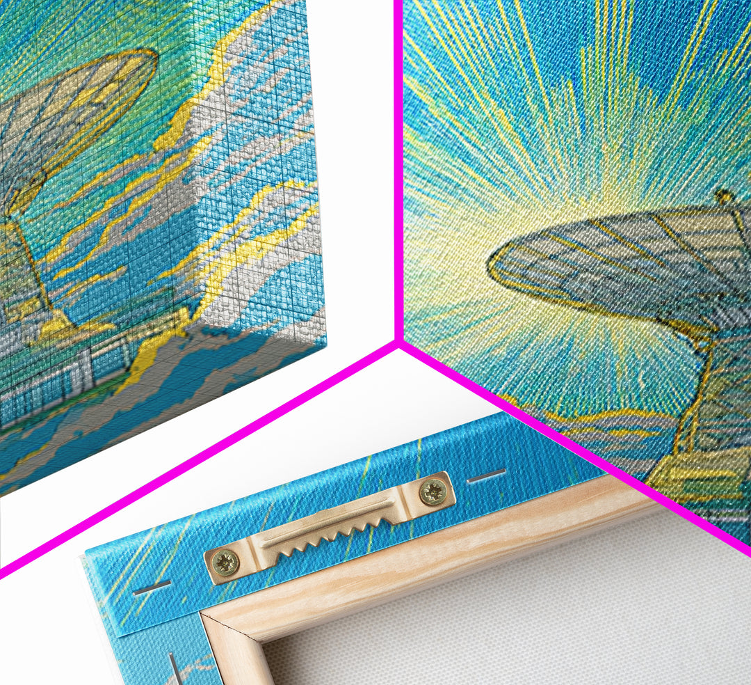 Bright Sky Satellite Dish With Neon Rays Canvas Print, Midcentury Modern Wall Art, Retro Space Poster, Colorful Office Decor
