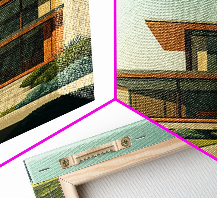 Warm Mid Century Modern House Framed Canvas Print, Architectural Wall Decor, MCM Home Artwork, Minimalist Retro Poster Prints