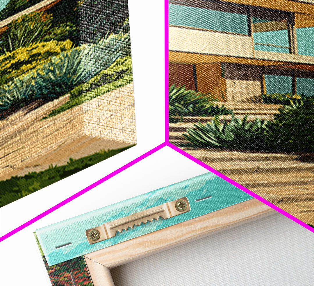 Lush Mid Century Modern House Canvas Print, Architectural Garden Wall Decor, MCM Landscape Poster, Retro Home Office Art