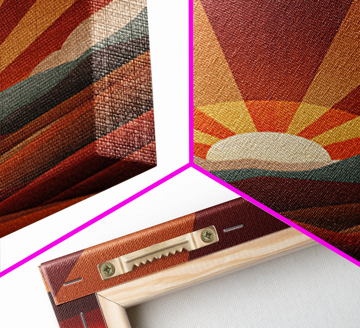Burnt Orange Sunrise Wall Art, Retro Mountain Landscape Poster, Mid Century Sun Print, Warm Desert Decor, Boho MCM Art Gift