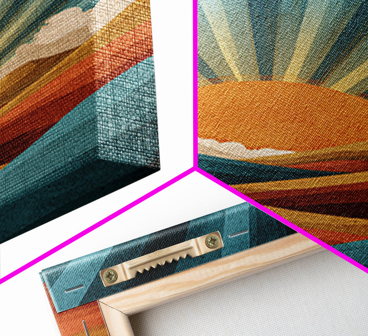 Teal Orange Sunrise Canvas Print, Retro Desert Mountain Wall Decor, Mid Century Sun Art, Boho Abstract Landscape Poster Print