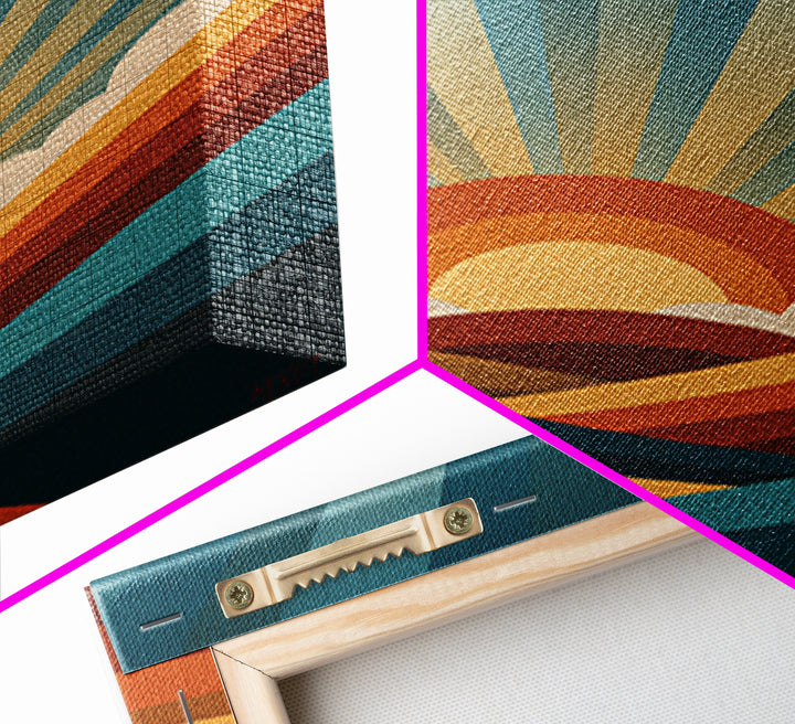 Geometric Sunrise Wall Art, Retro Rainbow Mountain Poster, Mid Century Sun Print, Colorful Abstract MCM Home Decor Gift Idea