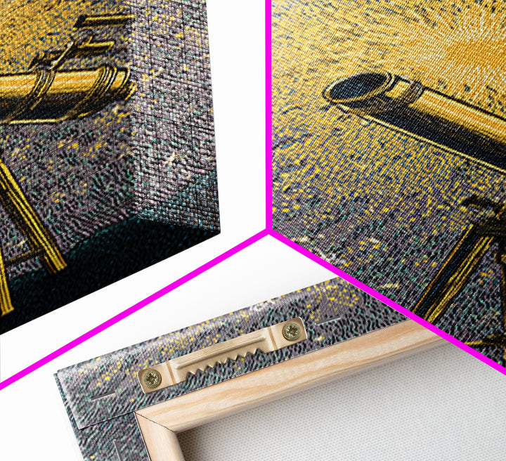 Golden Starburst Telescope Canvas Print, Mid Century Modern Astronomy Poster, Retro Space Wall Decor, Statement Office Art