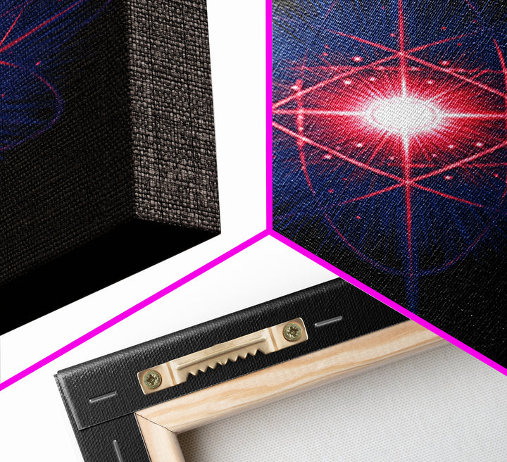 Neon Red Blue Atomic Starburst Canvas Print, Futuristic Space Abstract, Midcentury Modern Wall Decor, Sci Fi Home Office Art