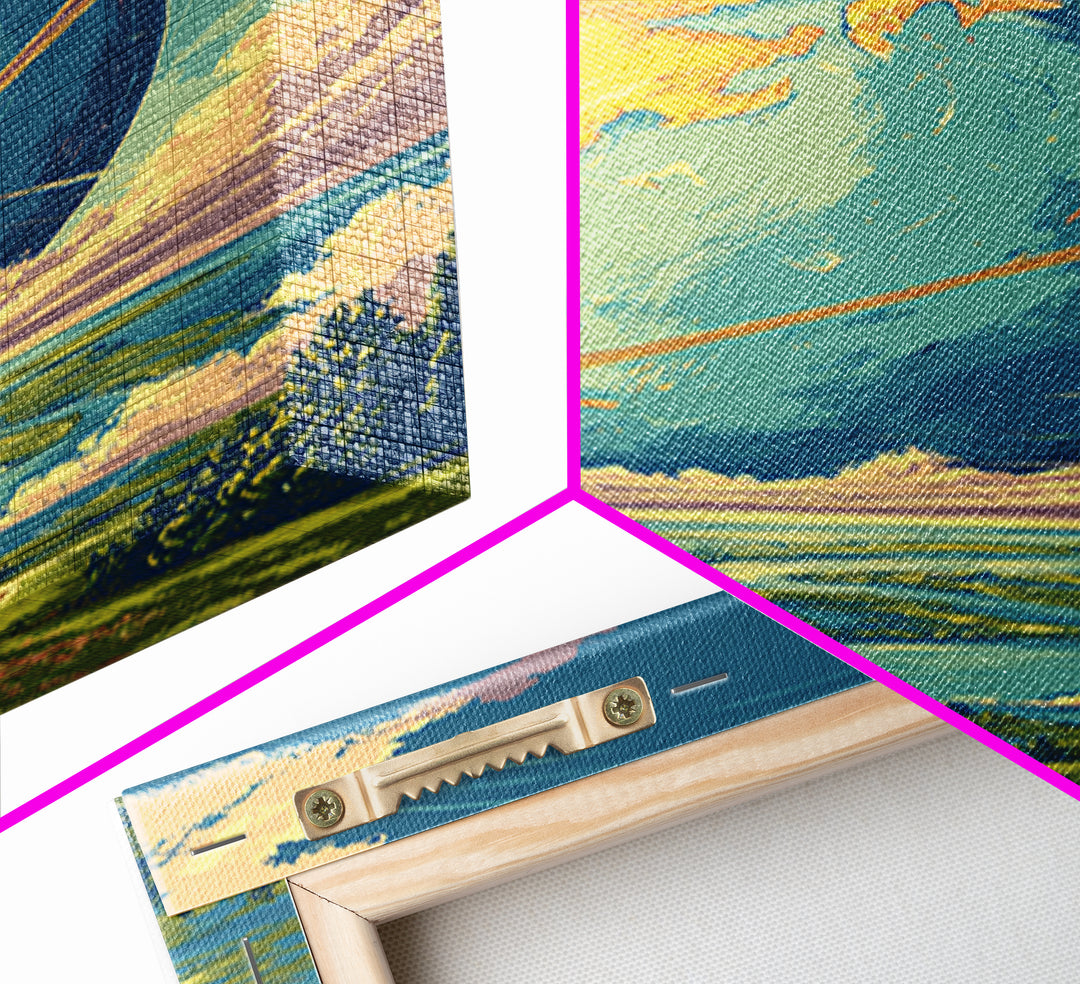 Dreamy Ringed Earth Landscape Wall Art, Retro Futuristic Travel Poster, Colorful Modern Space Decor, Scenic Canvas Print