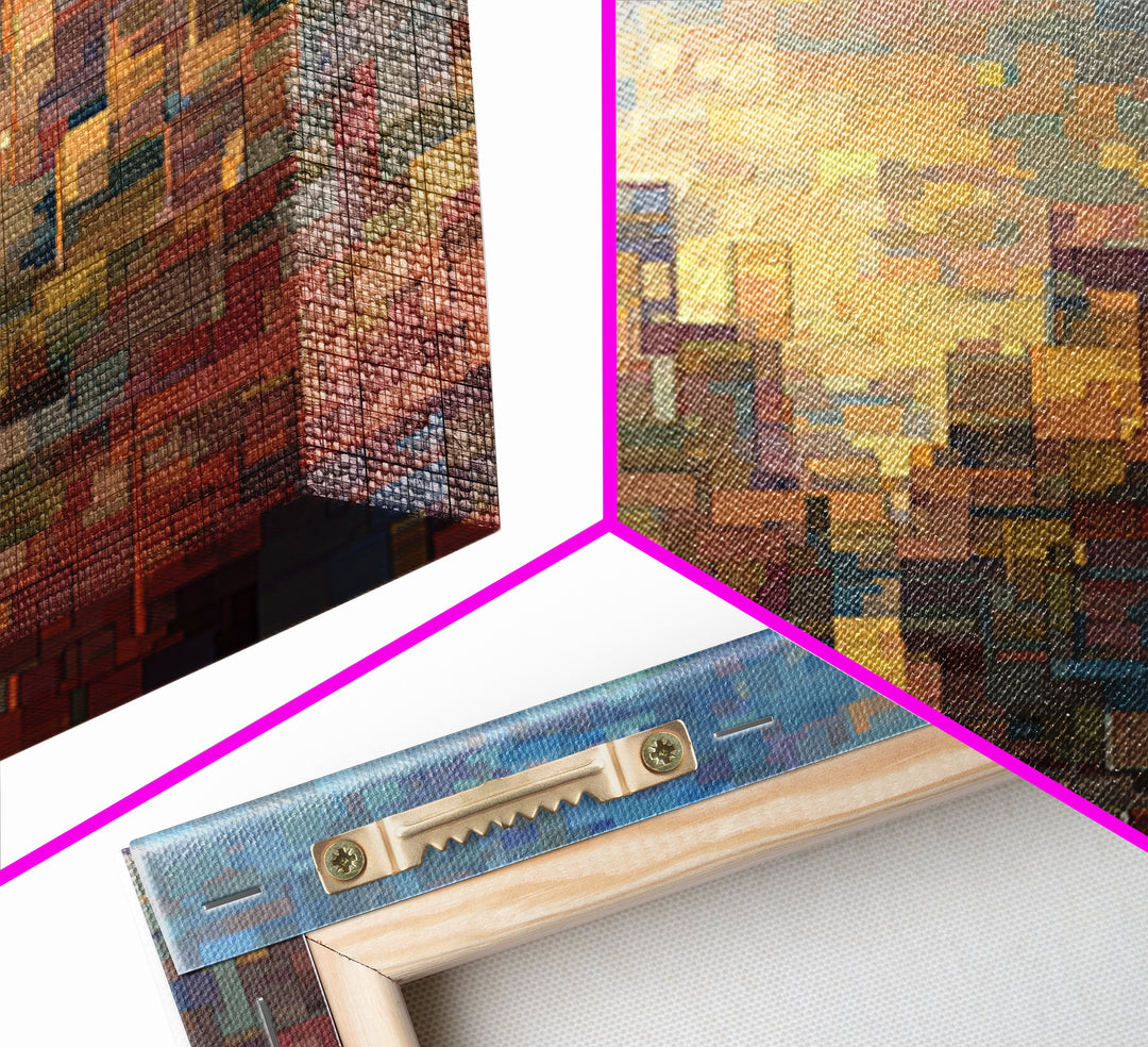 Pixelated Sunset Cityscape Wall Art, Modern Abstract Art Print, Urban Skyline Poster, Colorful Living Room Office Decor, Gift