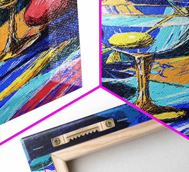 Bold Blue Martini Glasses With Lemons Canvas Print, Colorful Pop Art Bar Decor, Retro Cocktail Poster, Funky Kitchen Art