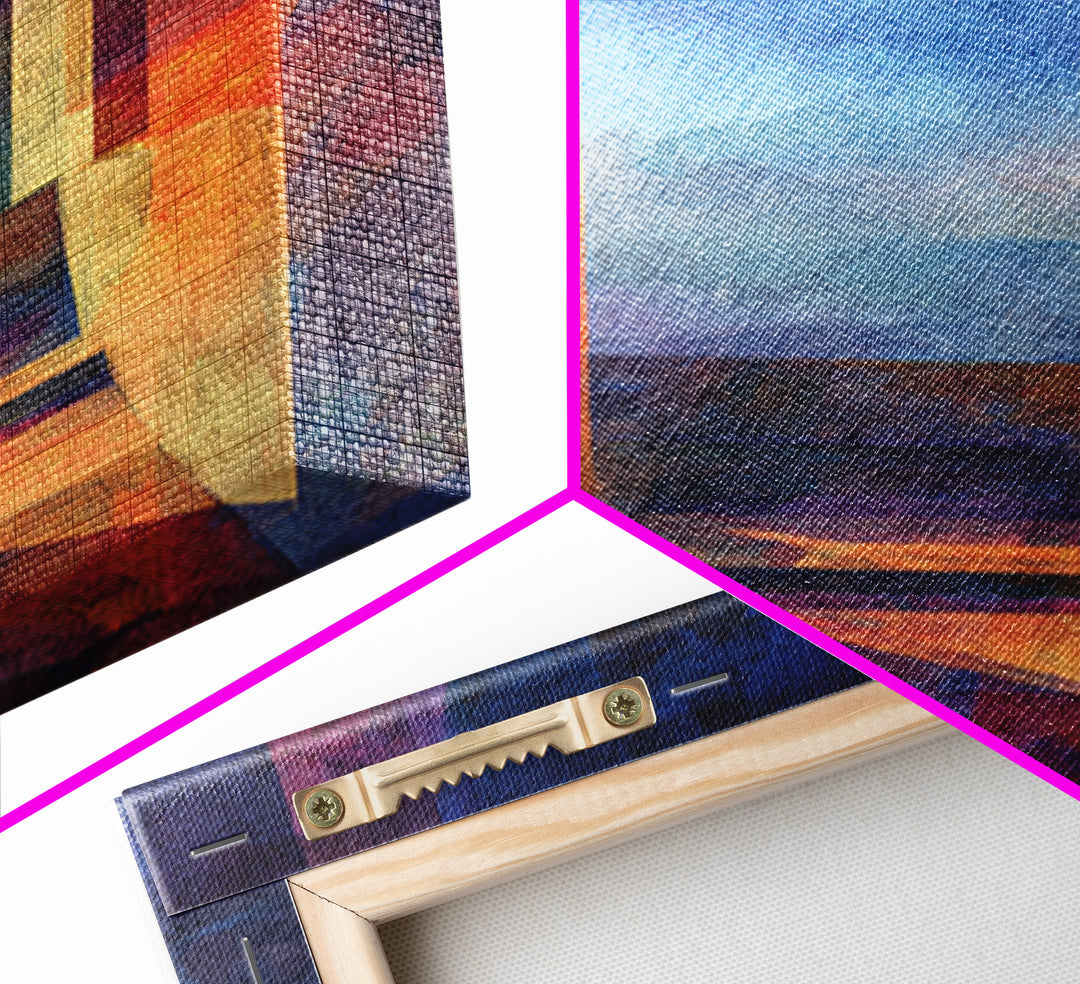 Abstract Architectural Hallway Canvas Print, Modern Wall Art, Geometric Perspective Art, Moody Blue Orange Home Office Decor