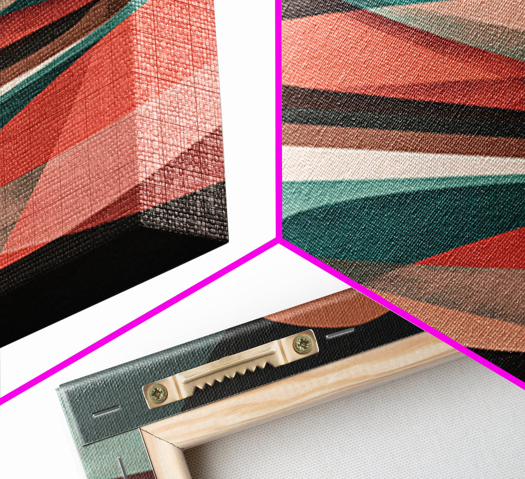 Coral Teal Dark Abstract Canvas Print, Modern Wall Art, Retro Geometric Decor, Moody Midcentury Living Room Poster, Home Office Art