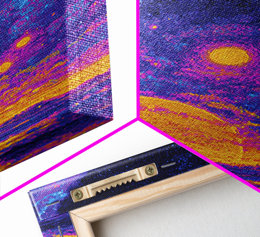 Starry Ocean Sunset Canvas Print, Cosmic Retro Wall Art, Yellow Purple Galaxy Decor, Dreamy Modern Seascape Poster, Living Room