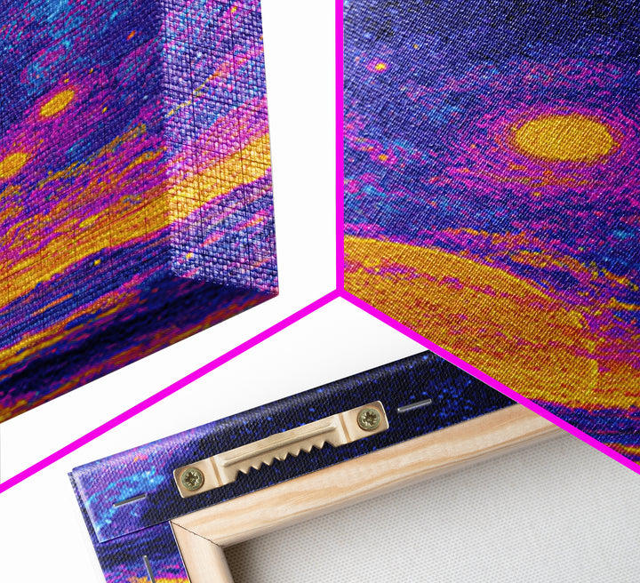 Starry Ocean Sunset Canvas Print, Cosmic Retro Wall Art, Yellow Purple Galaxy Decor, Dreamy Modern Seascape Poster, Living Room