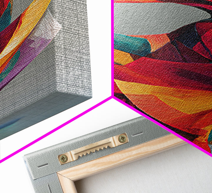 Colorful Geometric Dancer Framed Canvas Print, Modern Abstract Art, Bold MCM Wall Art, Textile Inspired Statement Decor Print