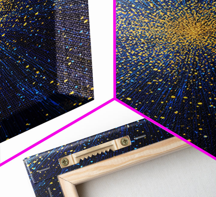 Blue And Gold Starburst Wall Art, Cosmic Particle Explosion, Space Abstract Art, Modern Art Print, Large Living Room Decor