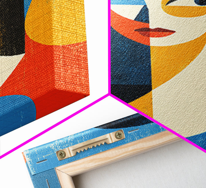 Geometric Midcentury Woman Portrait Canvas Print, Modern Abstract Art, Bauhaus Poster, Orange Blue Decor For Living Room