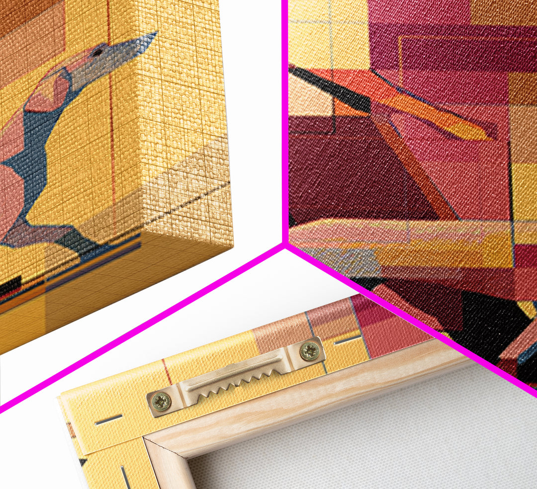 Pastel Man Walking Dog Canvas Print, Midcentury Modern Wall Art, Geometric Pink Orange Poster, Contemporary Pet Decor Gift